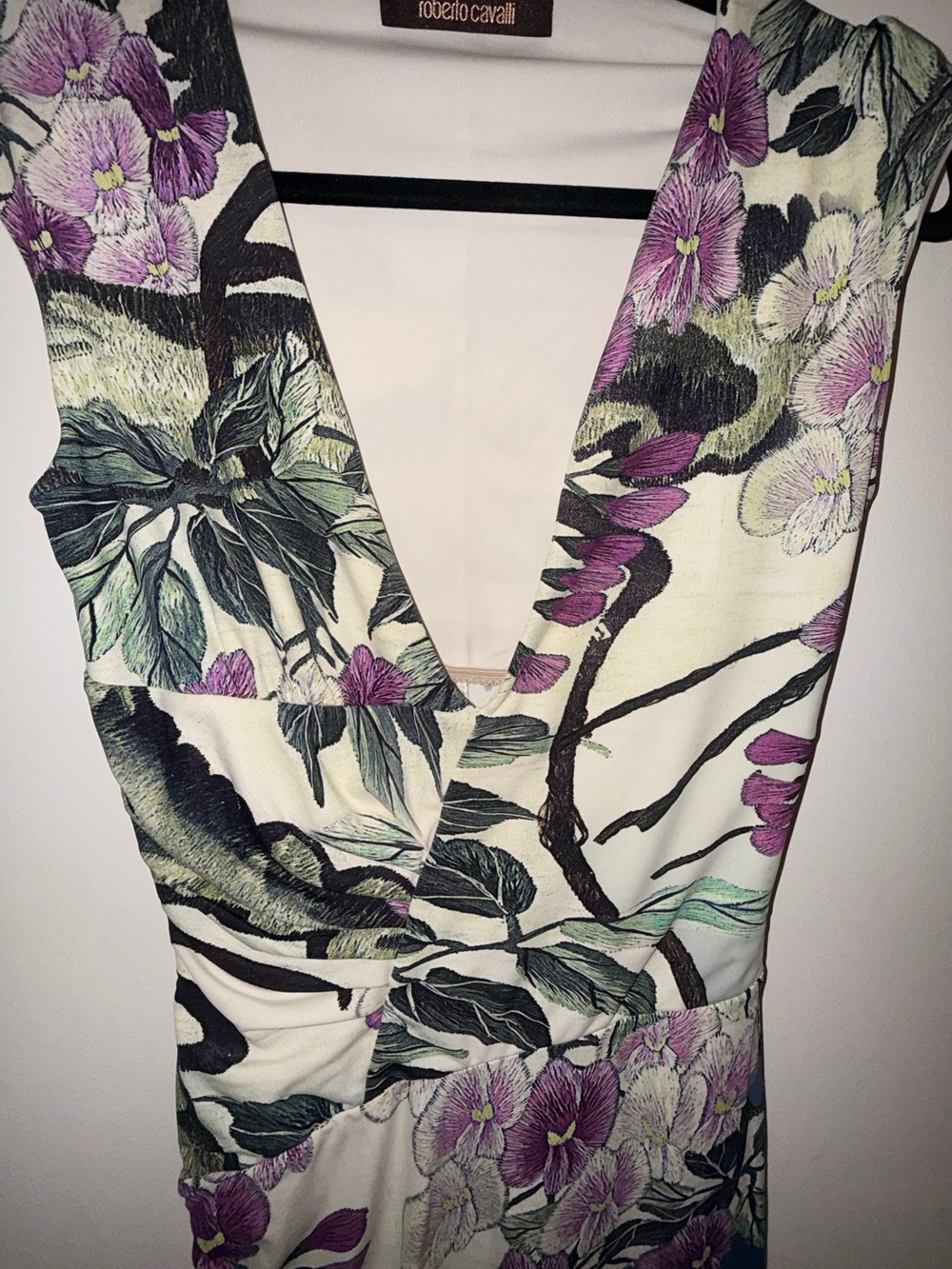 Roberto Cavalli Floral V-Neck Maxi Dress in Ivory, Navy and Purple - Picture 3 of 9